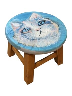 OOAK Handcrafted foot rest step/stool Signed painting cat portrait:Max sees sky